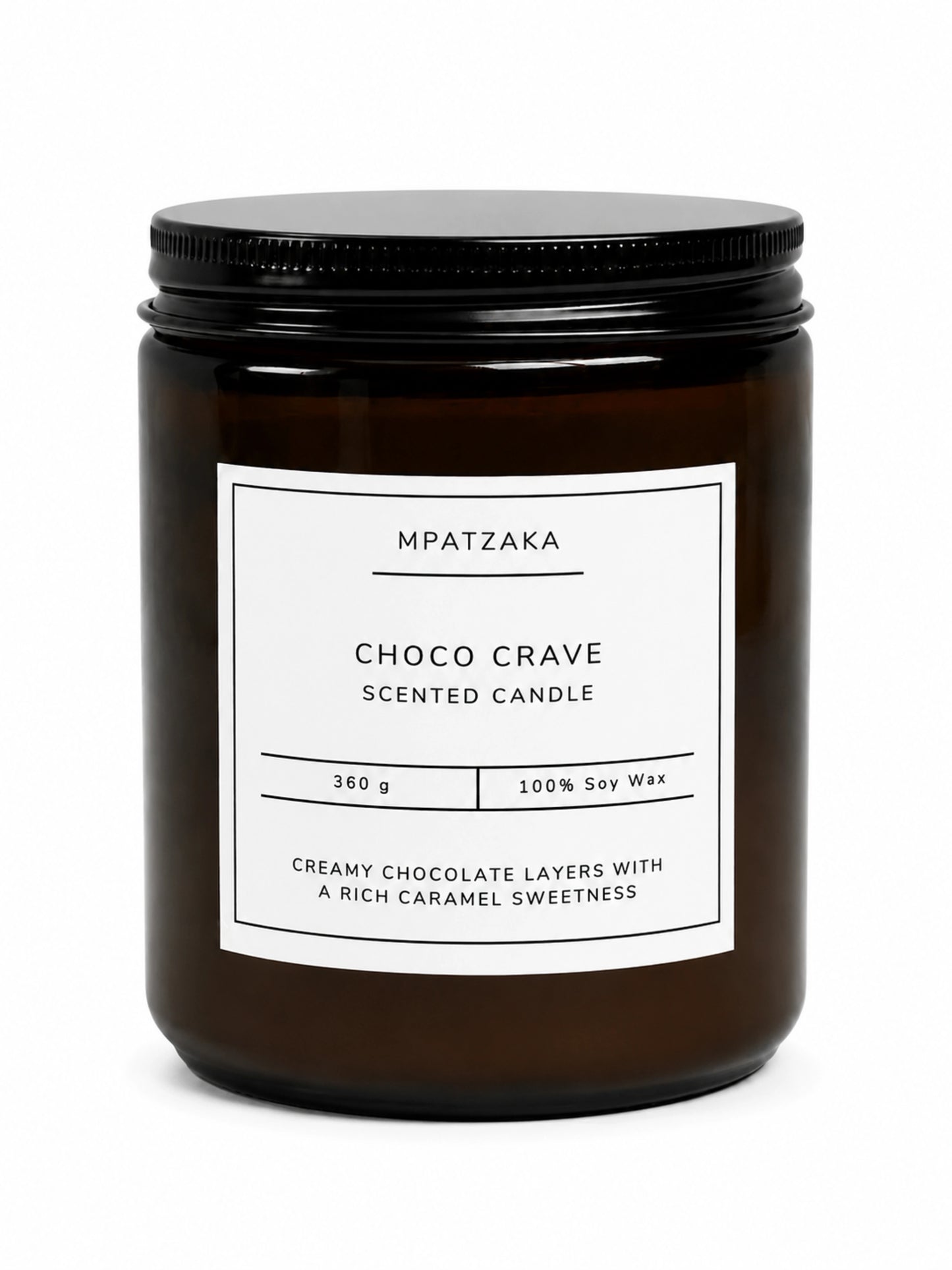 A cylindrical dark amber glass scented soy wax candle jar with a black metal lid and a minimalist black text label reading 'MPATZAKA CHOCO CRAVE SCENTED CANDLE'.