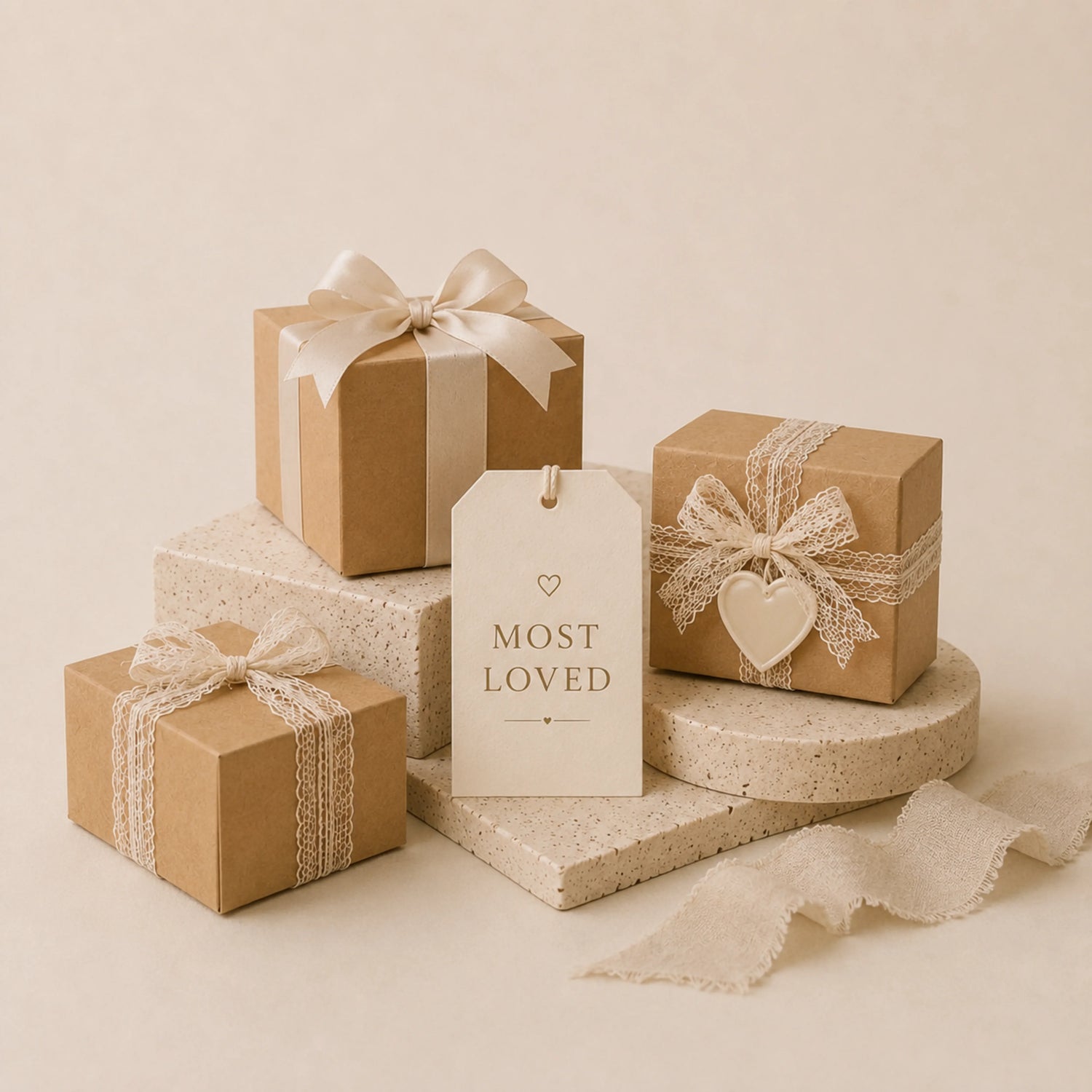 Kraft gift boxes with cream ribbons and lace arranged on stone pedestals, featuring a central “Most Loved” tag and heart details against a soft beige background.