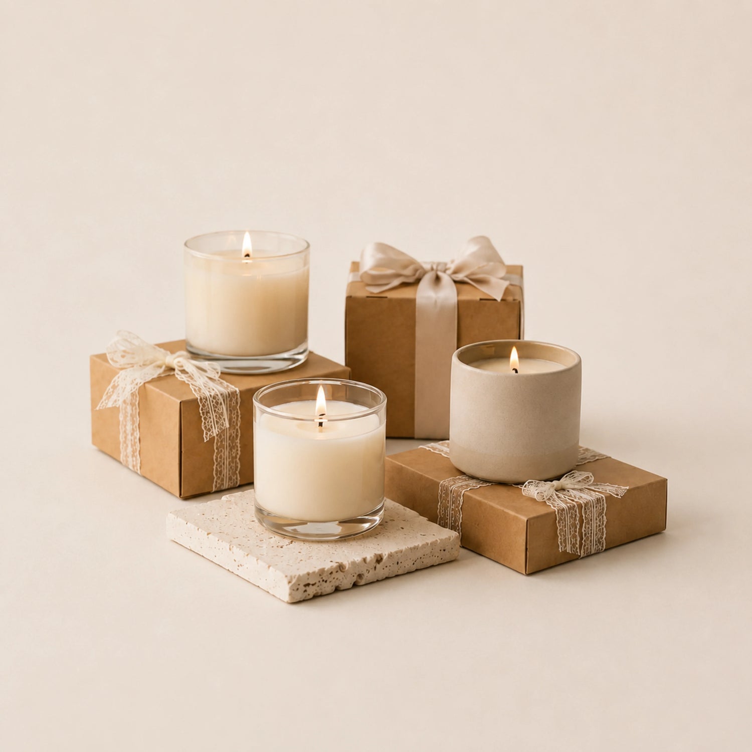 Three lit candles in minimalist glass and ceramic holders are arranged on small kraft paper gift boxes with ribbon bows and a stone coaster, against a warm cream background.