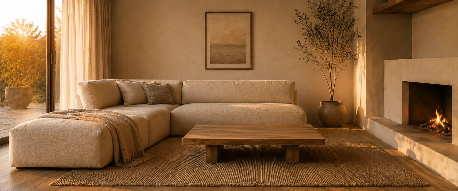 A modern beige sectional sofa with a matching ottoman in a warm, sunlit living room with a wooden coffee table, woven rug, and a fireplace on the right.