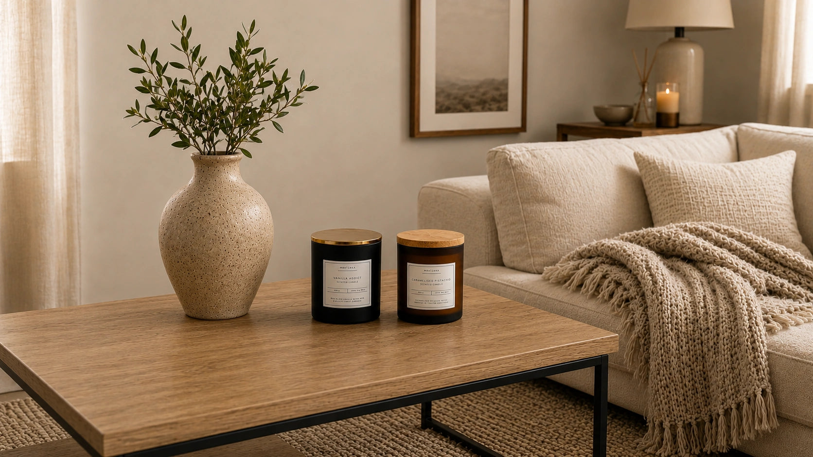 Vanilla Addict scented soy candle in black glass jar with gold lid and Caramelised Pistachio scented soy candle in amber glass jar with wooden lid on wooden coffee table in cozy home setting