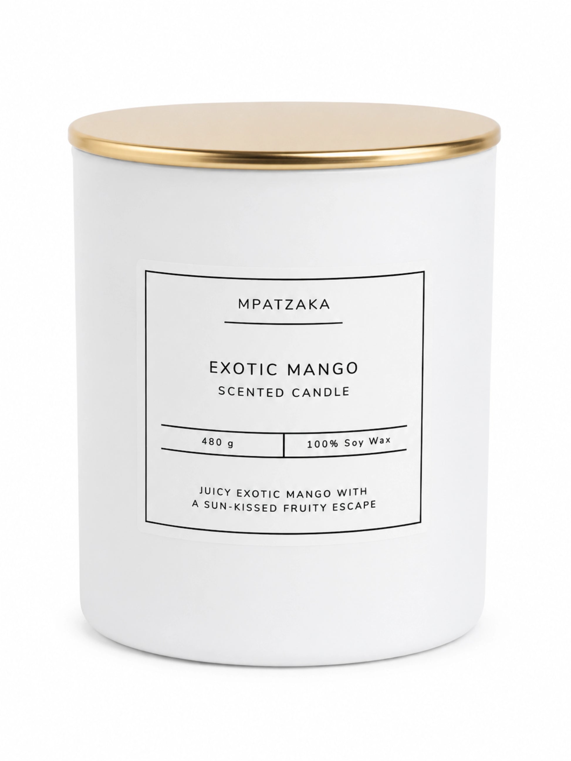 A cylindrical white glass scented soy wax candle jar with a gold metal lid and a minimalist black text label reading 'MPATZAKA EXOTIC MANGO SCENTED CANDLE'.