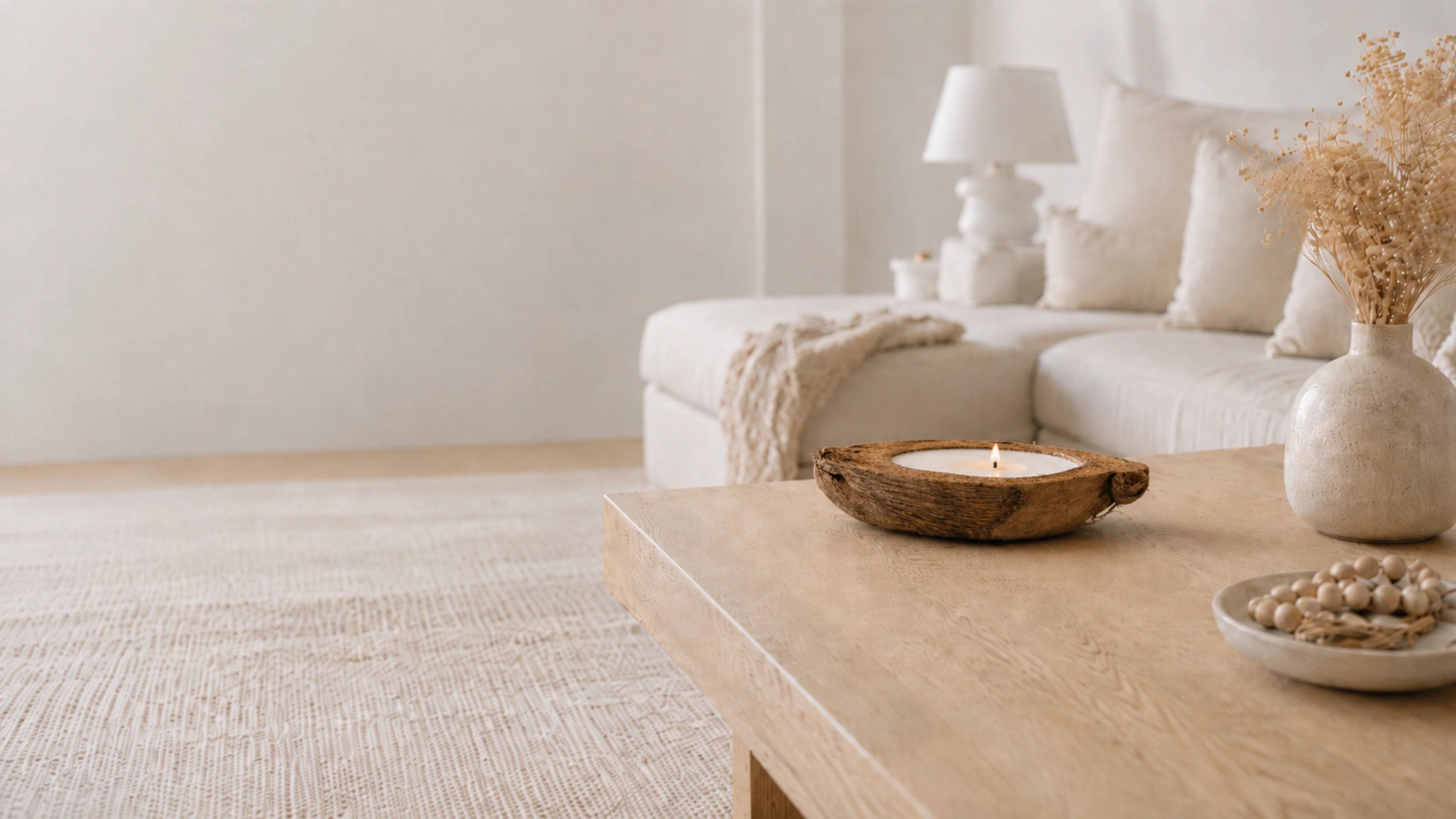 Coconut Bliss scented soy candle in natural coconut shell on wooden coffee table in warm neutral living room