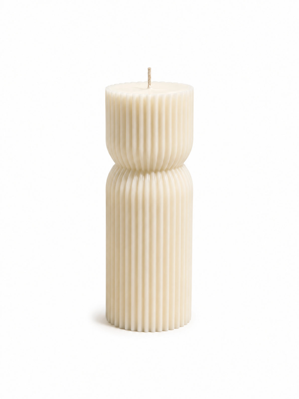 An off-white ribbed pillar candle with a unique two-tiered, hourglass-like design, shown on a clean white background.